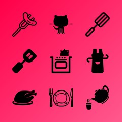 Vector icon set about kitchen with 9 icons related to object, logo, plate, female, inside, abstract, saucer, baking, fillet and modern