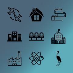 Vector icon set about building with 9 icons related to college, indoors, international, blurred, machine, chemical, plane, pipe, condensation and men