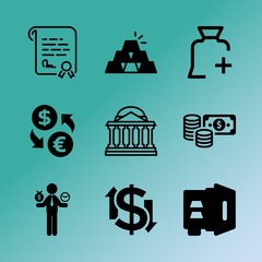 Vector icon set about bank with 9 icons related to shares, work, fund, marriage, technology, paper, value, winner, pounds and background
