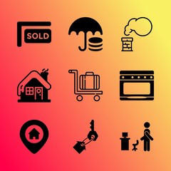 Vector icon set about home with 9 icons related to standing, desktop, photo, keyring, woman, coal, season, advertising, design and kitchenware