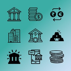 Vector icon set about bank with 9 icons related to occupation, lifestyle, ordering, cityscape, stack, laptop, typing, symbol, management and light