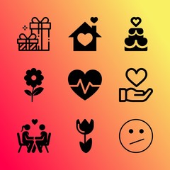 Vector icon set about love with 9 icons related to box, shape, muffin, bloom, beauty, snack, fitness, table, emoticon and valentino