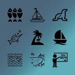 Obraz premium Vector icon set about sea with 9 icons related to view, sea lion, bay, turquoise, ripple, day, black, lion, thailand and grunge