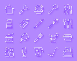 Kitchenware simple paper cut icons vector set