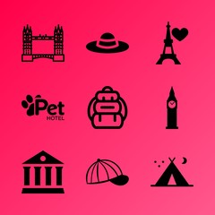 Vector icon set about travel and tourism with 9 icons related to jack, sleep, statue, romance, outdoors, touristic, russell, backpacker, fire and city