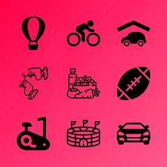 Vector icon set about fitness and sport with 9 icons related to cycle, happiness, fly, low, adult, hybrid, empty, women, basket and avocado