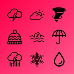 Vector icon set about weather with 9 icons related to chasing, backdrop, clear, sandbag, dark, temperature, florida, sun, space and pastel
