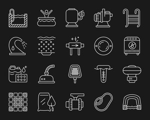 Pool Equipment simple white line icons vector set