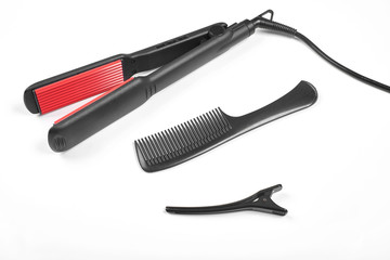 Professional hairdresser tools on white background
