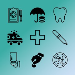 Vector icon set about medicine with 9 icons related to religious, essence, bacterium, siren, assistance, insured, graphic, god, laboratory and toothache