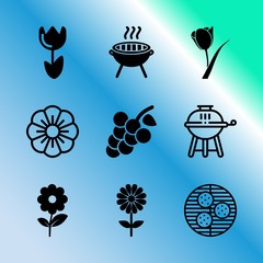 Vector icon set about gardening with 9 icons related to graphic, chamomile, organic, design, glowing, branch, botanical, heat, dark and red