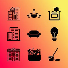 Vector icon set about home with 9 icons related to outdoors, hygiene, sanitary, occupation, sponge, swimming, daughter, house, black and lawn
