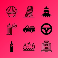 Vector icon set about travel and tourism with 9 icons related to explore, miracle, business, big ben, fast, construction, urban, decoration, person and vehicle