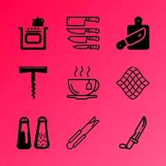 Vector icon set about kitchen with 9 icons related to kitchen, heat, gourmet, black, wine, temperature, sharp, apartment, mineral and metallic