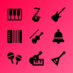 Fototapeta premium Vector icon set about music instruments with 9 icons related to maracas, fiddlestick, wallpaper, clef, piano, sheet, band, symbol, sound and art