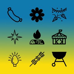 Vector icon set about birthday party with 9 icons related to caucasian, new, fiery, meat, evening, leaf, marquee, herb, snack and tent