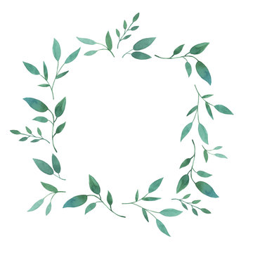 Template with green branches of leaves. Square floral frame. Hand drawn watercolor illustration. Botanical label. For invitations, greeting cards, natural cosmetics, packing and tea.