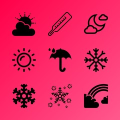 Vector icon set about weather with 9 icons related to nature, sunlight, mercury, cloudy, snowflake, celestial, glare, bokeh, forest and cosmos