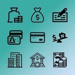 Vector icon set about bank with 9 icons related to planning, black, sale, account, charity, isolated, view, large, currency and illustration
