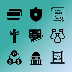 Vector icon set about bank with 9 icons related to banknote, post, pay, design, bank, wealth, network, data, construction and graphic