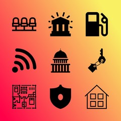 Vector icon set about building with 9 icons related to service, vacation, pump, web, motor, structure, mobile device, outline, petroleum and filling station