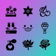 Vector icon set about flowers with 9 icons related to sunny, shape, background, season, floral, march, blooming, chemistry, bud and berry