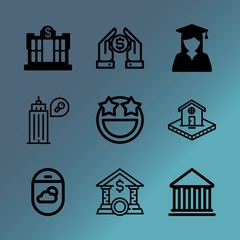 Vector icon set about building with 9 icons related to fashion, key, aviation, buyer, device, academy, icon, meeting, airport and agreement