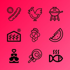 Vector icon set about food with 9 icons related to farming, traditional, stand, poultry, rural, candy, mango, lunch, hen and fast