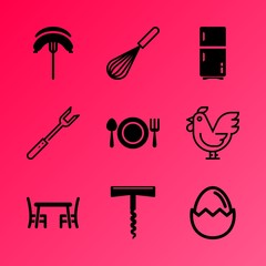 Vector icon set about kitchen with 9 icons related to egg, light, mixer, closeup, dishware, place, breakfast, frig, fat and table
