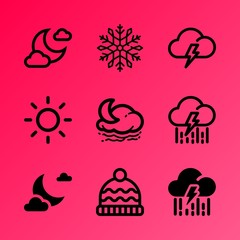 Vector icon set about weather with 9 icons related to big, electricity, shower, round, park, forest, full, snowboarding, atmosphere and space