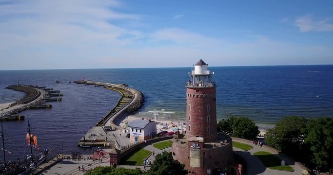 Drone shot of lighthouse in Kolobrzeg (Poland)