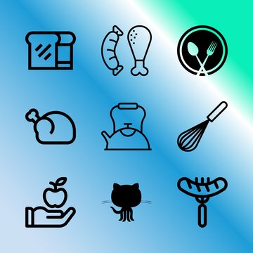 Vector icon set about kitchen with 9 icons related to household, hand, animal, chef, mixing, health, coding, healthy, plate and mix