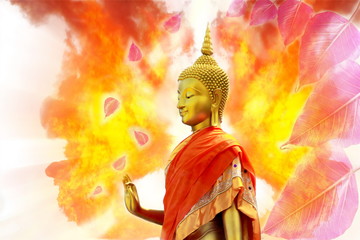 Obraz premium Golden stand Buddha statue with and pink pho or Bo leaves heart-shaped leaves are long end and abstract blur background with Color of fire Splash series or Realistic fire explosion background.