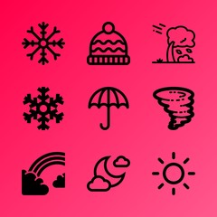 Vector icon set about weather with 9 icons related to fabric, thermometer, star, creative, clear, strength, drawing, windstorm, botany and astrology