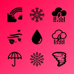 Vector icon set about weather with 9 icons related to outdoors, style, clear, dangerous, speed, sign, cosmetics, holiday, image and summer