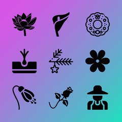 Vector icon set about flowers with 9 icons related to group, bright, forest, root, birthday, tuberous, metal, branch, sunlight and grow