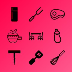 Vector icon set about kitchen with 9 icons related to mixer, whisk, bottle, isolated, freshness, packing, fish, black, background and diet