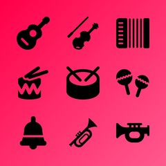 Vector icon set about music instruments with 9 icons related to tune, entertainment, handbell, drum, graphic, artistic, black, silhouette, concept and fiddlestick