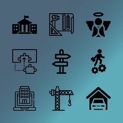 Vector icon set about building with 9 icons related to historic, yellow, female, famous, technical, states, maintenance, civil, road and hollywood