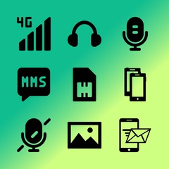 Vector icon set about mobile device with 9 icons related to social, element, off, frame, hand, mobile device, future, one, two smartphones and logotype