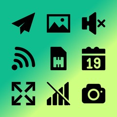 Vector icon set about mobile device with 9 icons related to decoration, object, speed, sim, line, sign, banner, mailbox, music and computer