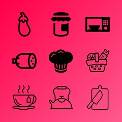 Vector icon set about kitchen with 9 icons related to currant, cut, cafe, appliance, grill, hardwood, croissant, dill, teacup and purple