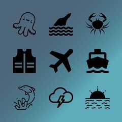 Vector icon set about sea with 9 icons related to luggage, calm, learning, sketch, ocean, space, emergency, cloudy, animal and clear