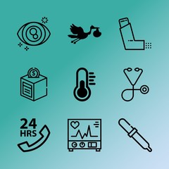 Vector icon set about medicine with 9 icons related to routine, wave, birth, essence, illustration, lens, shape, fund, cash and tube