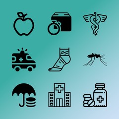 Vector icon set about medicine with 9 icons related to aid, lights, safe, street, epidemic, addiction, mineral, clinic, sign and dose