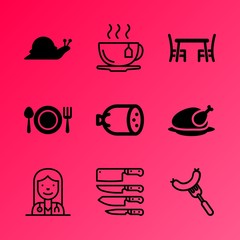 Vector icon set about kitchen with 9 icons related to rosemary, teacup, salad, living, isolated, handle, health, group, interior and bratwurst