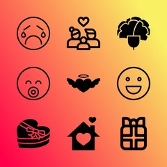 Vector icon set about love with 9 icons related to yellow, cute, happiness, character, feather, joke, sweet, fashion, day and vintage