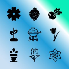 Vector icon set about gardening with 9 icons related to field, group, career, red berry, romance, vegetarian, fork, purple, party and vintage