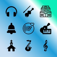 Vector icon set about music with 9 icons related to audio, vintage, hope, holy, architecture, art, performance, chair, bow and faith