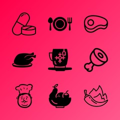 Vector icon set about kitchen with 9 icons related to red, male, teabag, taste, salmon, beefsteak, cayenne, country, glass and icon